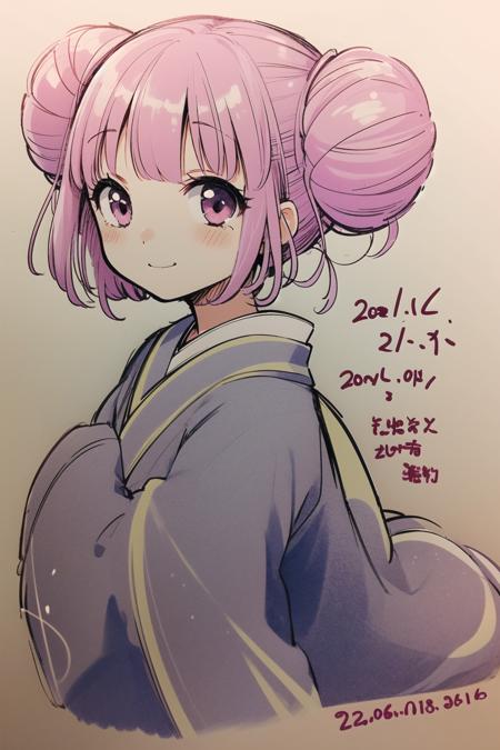 1girl, Rishu, solo, hair bun, double bun, bangs, closed mouth, smile, signature, pink hair, traditional media, looking at viewer, upper body, blush, cropped torso, sleeves past wrists, japanese clothes, kimono, sketch, simple background, dated, long sleeves, purple eyes, grey background, pink eyes, wide sleeves,<lora:Minene Sakurano:0.8>