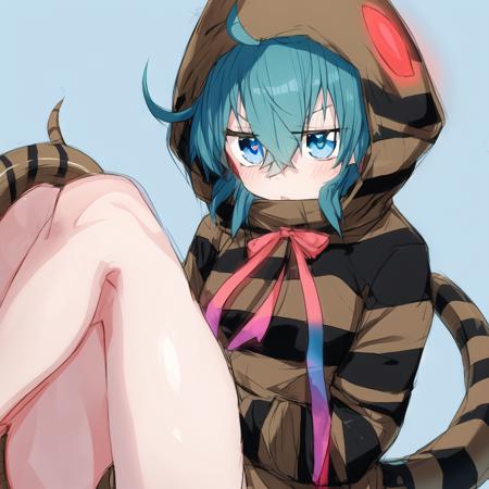 tsunsnek, 1girl, solo, hood, hoodie, snake tail, aqua hair, long sleeves, striped hoodie, striped tail, short hair, pink neck ribbon, bangs, hair between eyes, hood up, geta, blue hair, aqua eyes, bare legs, blue eyes, crossed bangs, ahoge, detailed shading, detailed ambient light