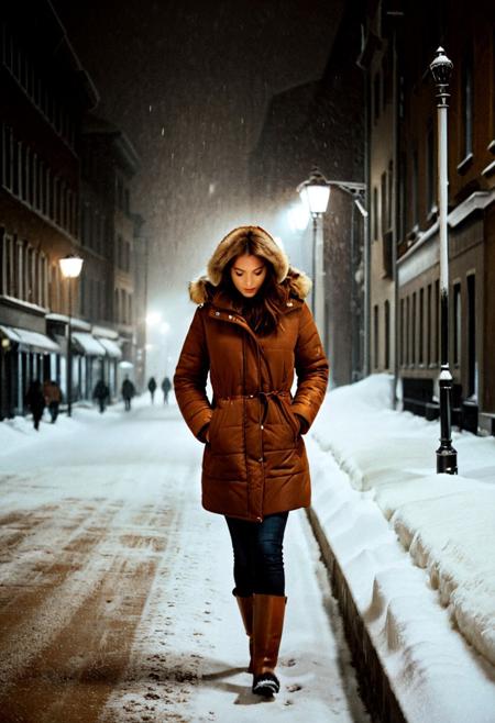 hvsnw, Kodak Gold 200 analog film stock style, BREAK, woman walking in the street, snow storm, night, city, brown winter jacket, long brown hair, looking down, wide shot