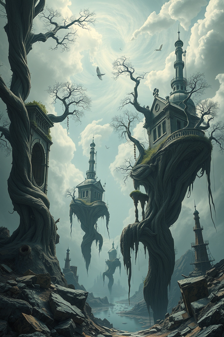 A surreal, dreamlike realm where the laws of physics are mere suggestions, featuring a twisted, broken world with inverted landscapes and structures that defy gravity, with gnarled, twisted trees and architectural ruins that seem to float, melt, or blend together in impossible ways, set against a backdrop of swirling, ethereal clouds and misty ambiance, with fragments of reality scattered throughout.
