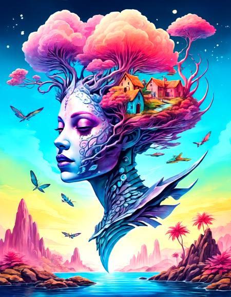 full body, she sharkhead android Surreal Nature, floating islands, bioluminescent plants, mystical creatures, iridescent wings, watercolor sky, fantasy landscape, hidden ruins, (detailed face:1.05), 