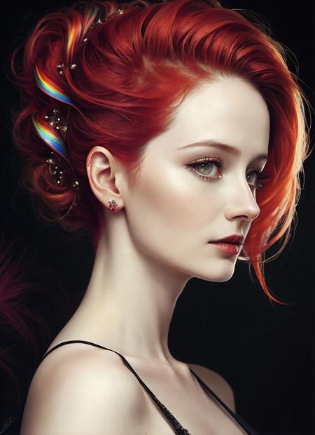 portrait of sks woman by Flora Borsi, style by Flora Borsi, bold, bright colours, rainbow Mohawk haircut, ((Flora Borsi)), <lora:locon_mirandaotto_v1_from_v1_64_32:1>