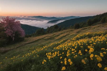 raw photo, a sunset landscape, Carpathian mountains valley temperate forests, Poland forest,  cozy, photorealistic, high detailed texture, 8k uhd, dslr, soft lighting, high quality, film grain, Fujifilm XT3, Sony A7 IV, highly detailed photography, (muted colors, cinematic, dim colors, soothing tones:1.2), vibrant, insanely detailed, hyperdetailed, (dark shot:1.2), (vsco:0.3), (intricate details:0.9), (hdr, hyperdetailed:1.2) (highest coherency: 1.39) (highest quality: 1.39) (rule of Thirds) (award winning) (breathtaking) (masterclass) (vibrant color: 0.79) (foggy: 1.09) (distant hillside) (spring flowers) (sharp focus forground)