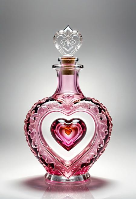 murano_glass_style, close-up, Heart shaped Potion bottle made of glass, Pink liquid inside, intricate style, realistic, photography, bright lighting, high quality