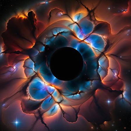 mad-nbla, huge nebula with a black hole in the middle of it, ultra realistic, complementing tones