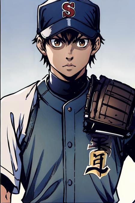 1boy, portrait, upper body,  brown_eyes, baseball uniform, baseball cap, looking at viewer, <lora:sawamura_eijun_lora:0.8>