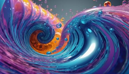 3D render abstract, curves, streamline, dynamic, splash, bubbles, spiral, fractal, Fibonacci, interdimensional, (vibrant:1.2), waves, complex, rhythm, surreal, refractions, rippling effect, translucent caustic effect
