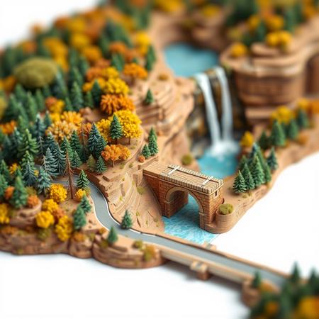 (isometric view, 3d square mini word, miniature,tilt-shift lens:1.5),(side view:1.3),3d,CG,photo,waterfall,forest,gradation,autumn,grand_canyon,brick_arch_truss_bridge,road,tunnel, isolated on a white background,