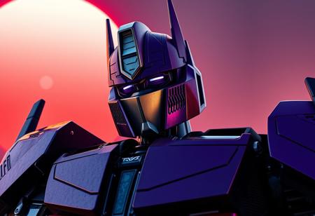 Purple and black Optimus Prime cowboy shot cinematic photograph with an orange and blue synthwave sun background. Slightly turned. Dragon theme.
