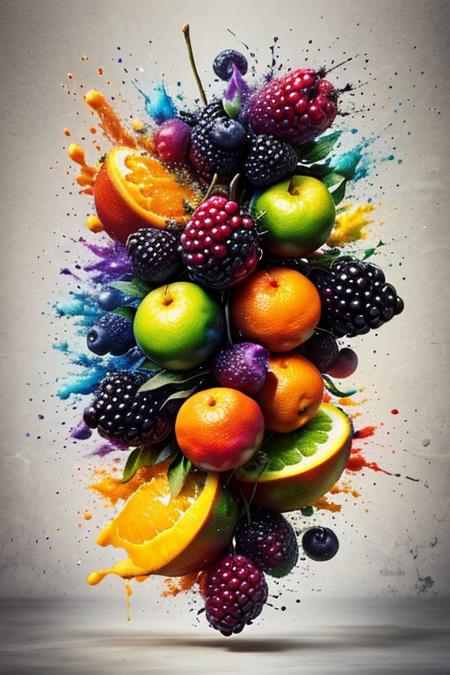mangosteen,  blackberries, oranges, neon, (vivid colors:1.5), arco iris, shatter, scatter, ral-dissolve fruit , (wind:0.7), (swirl:0.6), (Masterpiece:1.3) (best quality:1.2) (high quality:1.1)