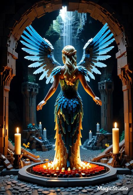 masterpiece, best quality, amazing quality, very aesthetic, realistic, fisheye lens:0.7,  (depth of field), LEGO, LEGO stalactites, 
Dark room, candles, cave walls made of crystal and translucent LEGO, scenery made of roots and LEGO, fantasy \(theme\), (side view:1.4), 
Statue of winged woman, visible face,  made of LEGO, dynamic pose,
open arms, arched back, open hands, bent wings made of LEGO plumes,  greek ((long)) flowing toga, (((sfw))), one foot behind,
(no people in the background),