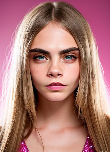 portrait of Cara Delevingne, happy , wearing evening gown , with pink Wispy bangs , background court epic (photo, studio lighting, hard light, sony a7, 50 mm, matte skin, pores, colors, hyperdetailed, hyperrealistic), <lyco:Cara Delevingne:1.1>