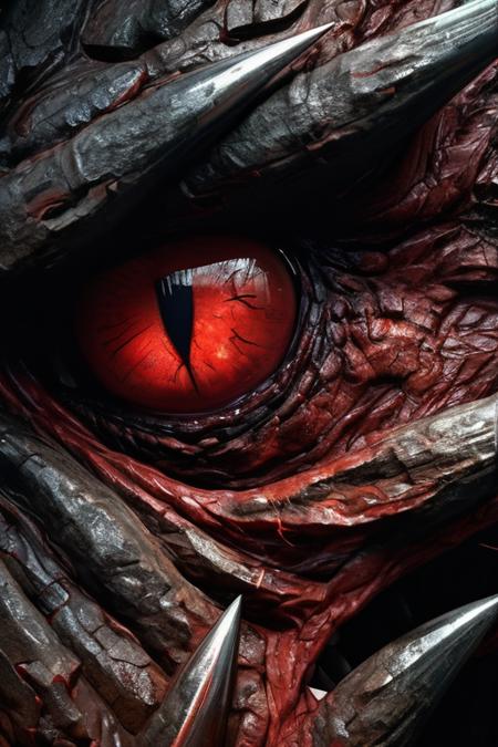 Close-up view of a monstrous creature's face, centered in the frame, (detailed texture:1.2) with a ferocious expression, showing sharp teeth bared in a menacing growl, eyes glowing red, showcasing dark, complex shadows and highlights across the face. The creature's skin appears like rough, aged bark, with varying shades of brown and dark tones, contrasting with the stark light in the eyes. The overall mood is dark and ominous, evocative of a mythical beast. High detail digital art, stylized illustration, photorealistic, epic scale, dramatic lighting, (intricate details: 1.1), intense, (red eyes: 1.2)