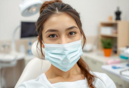 front view of a Beautiful real young woman, dental clinic work space at the background