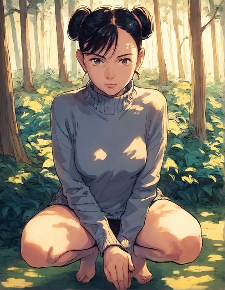 score_9, score_8_up, score_7_up,score_6_up,high resolution,source_anime,n4a0kistyle,1girl,forest,black hair,double bun,sweater,medium breasts,volumetric lighting,rim lighting,dof,dramatic shadow,looking at viewer,full body,dynamic pose,looking at viewer,pov,front view,squatting,from above