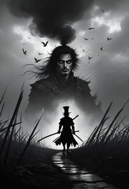 cinna flow, 
In a surreal expanse where the whispering grass grows taller than time itself, a lone samurai stands like a relic of a dream half-remembered. His silhouette, sharp as a blade, cuts through the monochrome haze, a living ink painting torn from the pages of a storybook. The air hums with the faint echo of a Cheshire Cat’s grin, and the horizon shimmers like the Yellow Brick Road, leading nowhere and everywhere at once.  
His katanas, three in number, rest at his side, their blades catching the glow of embers that drift like fireflies from a land of Oz. His topknot, loosely bound, unravels in the wind, strands of hair twisting like the riddles of the Mad Hatter. Above, a flock of crows—part bird, part shadow—ascends into a sky where clouds swirl like the smoke of a wizard’s pipe.  
The scene is a dance of contrasts: bold brushstrokes carve his form, while delicate shading whispers of a world caught between serenity and chaos. The embers pulse, casting faint light on the uneven terrain, where shadows stretch like the arms of the Queen of Hearts’ card soldiers. The samurai’s stillness is a storm contained, his eyes reflecting the duality of a warrior-poet, lost in thought yet poised to strike.  
Here, in this liminal space where Alice’s wonder meets Dorothy’s journey, the samurai embodies the spirit of bushidō—a guardian of forgotten realms, a wanderer between worlds. The ink bleeds, the wind sings, and the moment hangs, suspended between the tick of a pocket watch and the roar of a tornado.