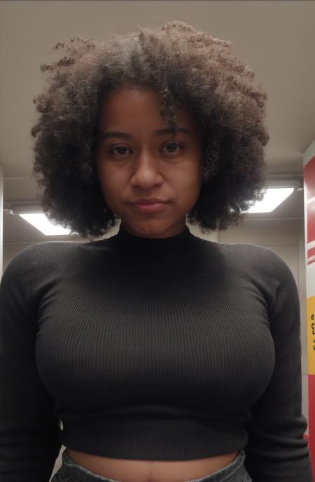 @cocokauai01,cocokauai01 \(Person\),Dina \(Person\), masterpiece, best quality, 1girl, black eyes:1.5, dark skin, dark-skinned female,black (((curly))) hair, closed mouth, looking at viewer, ribbed crop top:1.3, short hair, background: newyork underground subway, solo, upper body,<lora:cocokauai01:1>