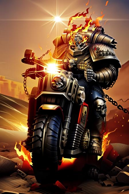 photo of damned, wearing full armor, skull, burning, flaming halo, flaming eyes, glowing eyes,  armor, helm details, helmet, skull ornaments, ((riding motorcycle:1.3)), scorch armor, armor detail, charred metal trimmings, chain whip, chain lasso, (flaming chain laso:1.3)
standing by desert storm, sandstorm, dune, dark ambiance,  ((dawn:1.2)), dim sun light,     <lora:tool - add_detail:0.6>  <lora:Legion of the Damned MK1 by CARAXES:0.8>