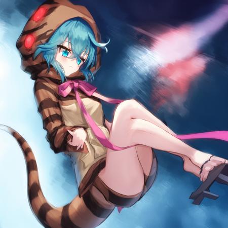 tsunsnek, 1girl, solo, hood, hoodie, snake tail, aqua hair, long sleeves, striped hoodie, striped tail, short hair, pink neck ribbon, bangs, hair between eyes, hood up, geta, blue hair, aqua eyes, bare legs, blue eyes, crossed bangs, ahoge, detailed shading, detailed ambient light