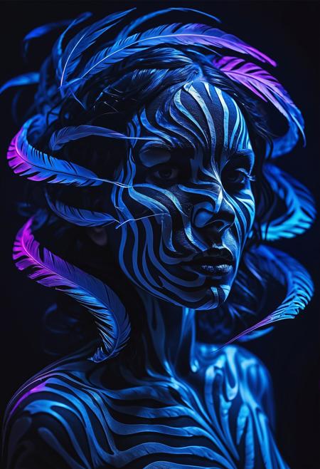 raw photo, the skull is distorted by the twists and turns of a woman with dark hair, in the style of neon impressionism, spiral vortex patterns, dark blue and light black, photoillustration, made of feathers, expressive light and shadow, expressionist emotiveness