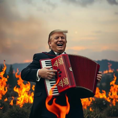 Donald Trump playing the accordeon in Californian wildfires