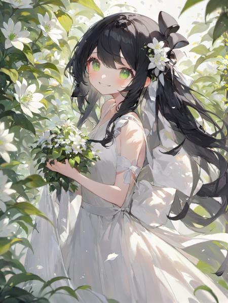 face focus, dynamic angle, masterpiece, best quality, 1girl, solo, long hair, green eyes, plant, looking at viewer, white flower, hair ribbon, hand up, white dress, black hair, hair between eyes, pixiv, depth of field, smile