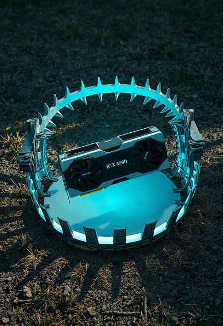 JNANX,luminous white silhouette,cyan glow,emerald highlights,flickering outline,dreamlike movement,
"A visually striking digital artwork depicting a high-end NVIDIA RTX 4080 graphics card caught firmly within the jaws of a large, metallic bear trap. The trap is realistically rendered, showcasing its sharp, interlocking teeth and the sturdy metal base and levers. The graphics card, positioned centrally within the trap, displays its sleek design, including visible fans and branding details such as 'RTX 3080'. The scene is set outdoors on a textured ground that resembles dry grass and scattered pebbles, suggesting a natural environment juxtaposed with the manufactured object and trapping device. The lighting in the image is natural and casts subtle shadows, highlighting the three-dimensional form of both the trap and the graphics card. The overall mood of the artwork is one of irony and perhaps a commentary on the difficulty or 'trap-like' nature of acquiring such coveted hardware. The perspective is a slightly elevated angle, allowing for a clear view of the entire composition, emphasizing the vulnerability of the technology within the harsh mechanical grip of the trap. The color palette is predominantly muted grays and blacks for the trap and the surrounding ground, contrasting slightly with the silver and black of the graphics card.