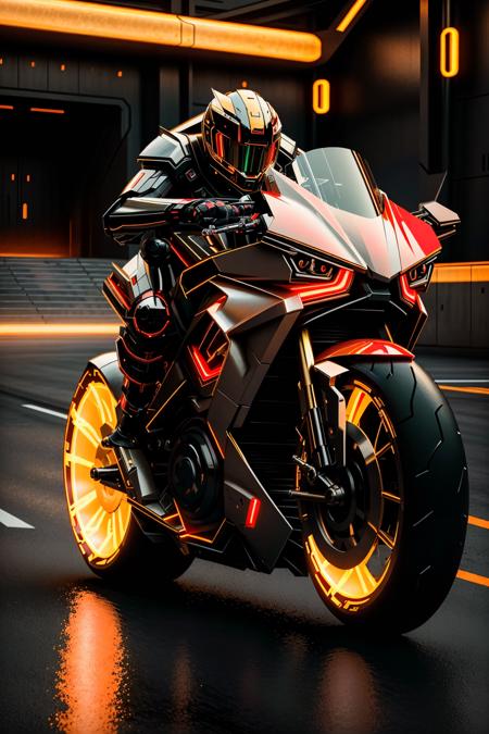 <lora:zzfutbikzz_v1:1> zzfutbikzz
masterpiece, highly detailed photorealistic 8k raw photo, best cinematic quality, volumetric lighting and shadows, sunday lighting
metallic red, glowing, metallic, human on motorcycle, mecha style, reflective, (macro shot:1.2)
(fire background:1.2)