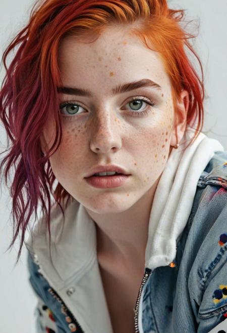 8k, masterpiece, ((hyper-realistic full-length portrait of a beautiful young girl)), 18 years old, with red hair, dyed multicolored hair, a beautiful figure, in tight black leggings with multicolored spots and holes, in a white loose T-shirt and denim jacket, fashionable white sneakers on her feet, stands in a closed position, head down, eyes downcast, hyperdetalization, very detailed (eyes, hair, skin), digital art, detailed fingers, detailed perfect body, detailed female pubis, masterpiece, photorealism, digital art, comic book style, sharp black contours, ((multicolored grunge background)), paint spots on the wall, atmospheric, epic,