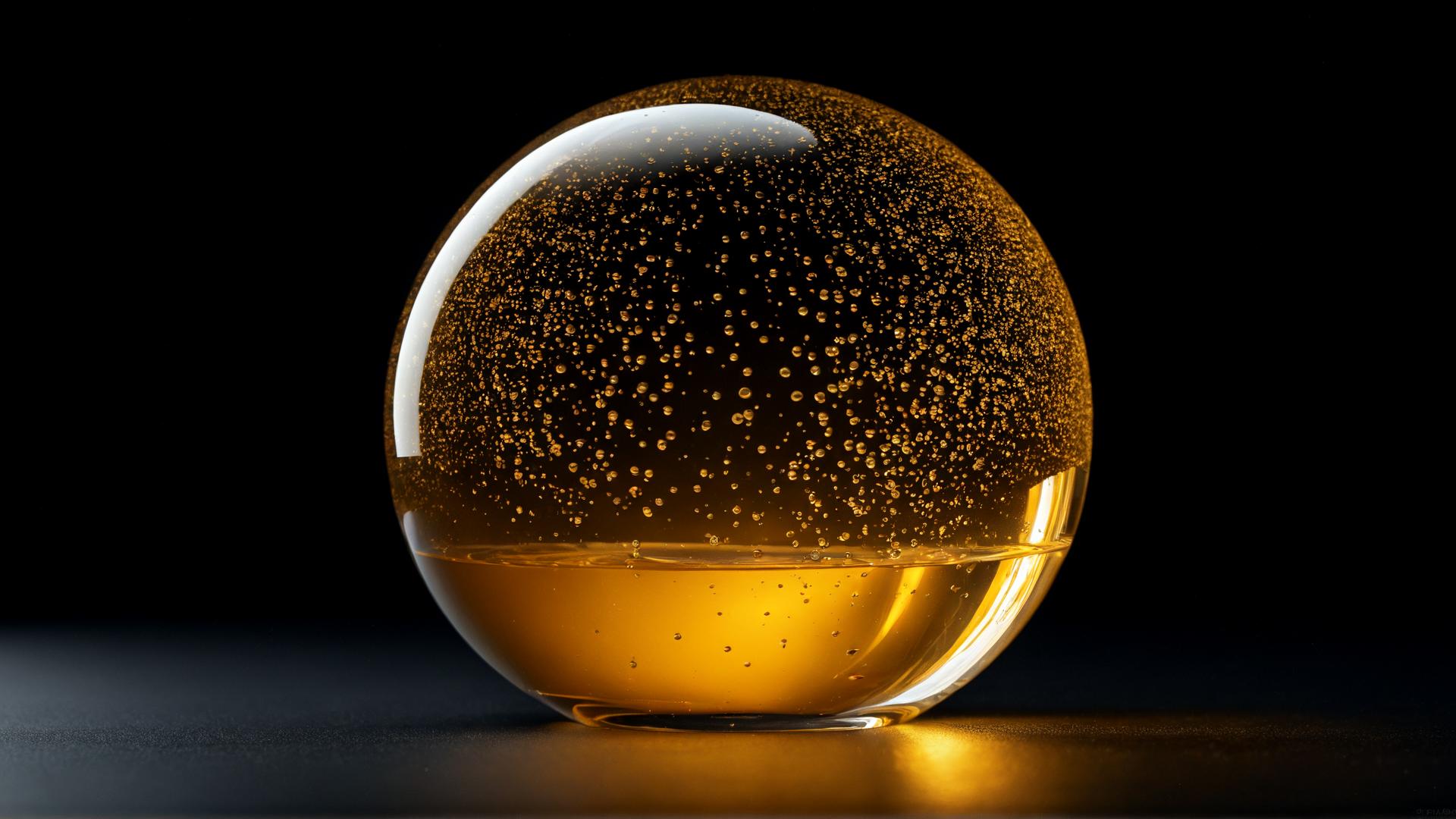 A floating sphere of liquid energy, glowing softly with a warm yellow and orange light. The sphere slowly pulsates, with tiny droplets of energy floating around it in a dark, void-like background., Photorealistic, Hyperrealistic, Hyperdetailed, analog style, soft lighting, subsurface scattering, realistic, heavy shadow, masterpiece, best quality, ultra realistic, 8k, golden ratio, Intricate, High Detail, film photography, soft focus