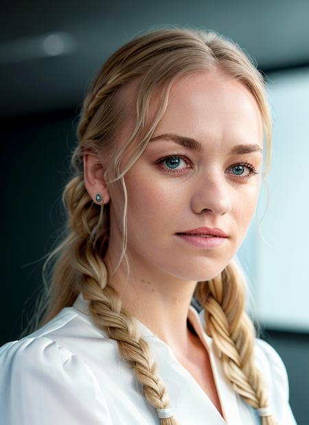 portrait of skswoman, :| , wearing satin , with Side braid , background classroom epic (photo, studio lighting, hard light, sony a7, 50 mm, matte skin, pores, colors, hyperdetailed, hyperrealistic), <lyco:Yvonne StrahovskiV3:1.2>