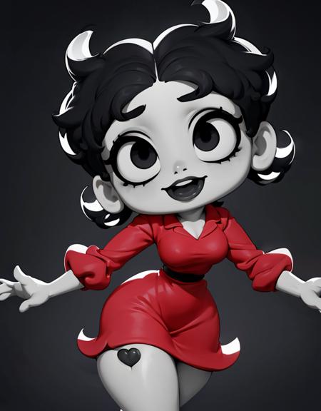 (BettyBoopWaifu:1), 1girl, cute, cute pose, (short hair, black hair, black eyes), (red dress, garter), (earrings, makeup:1.2), curvy, looking at viewer, smile, :D, breast focus, sexy, retro, (greyscale:1.3),
(simple background:1.2), (background:1),  (dynamic_angle:1.2), (dynamic_pose:1.2), (rule of third_composition:1.3), (dynamic_perspective:1.2), (dynamic_Line_of_action:1.2), solo, wide shot,
(masterpiece:1.2), (best quality, highest quality), (ultra detailed), (8k, 4k, intricate), (full-body-shot:1), (Cowboy-shot:1.2), (50mm), (highly detailed:1.2),(detailed face:1.2), detailed_eyes,(gradients),(ambient light:1.3),(cinematic composition:1.3),(HDR:1),Accent Lighting,extremely detailed,original, highres,(perfect_anatomy:1.2),
<lora:3DMM_V7:1> <lora:BettyBoop_character-10:1>