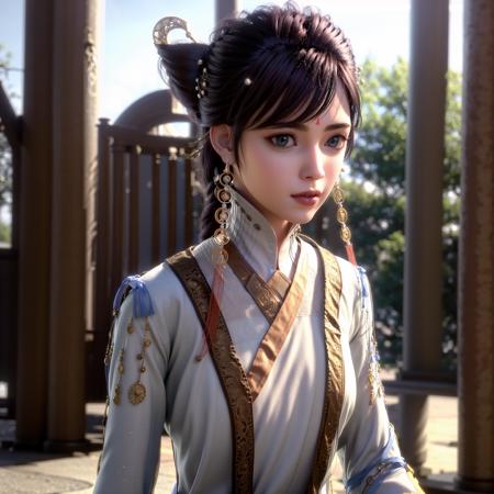 a woman with a ponytail and a bun in a video game character costume with a ponytail and a ponytail, (1girl:0.997), (blurry:1.000), (blurry background:1.000), (blurry foreground:0.999), (bokeh:0.831), (brown hair:0.880), (chinese clothes:0.894), (depth of field:1.000), (earrings:0.984), (hair ornament:0.947), (hair stick:0.888), (jewelry:0.968), (lips:0.863), (lipstick:0.688), (makeup:0.635), (motion blur:0.936), (nose:0.769), (outdoors:0.571), (solo:0.940)