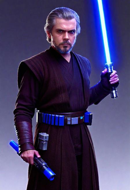 hyperdetailed Photography, Cinematic, (full body picture:1.3), hi resolution, photorealistic, caucasian Man, Mid-30s, short darkbrown hair with some gray hair, darkbrown short boxed beard, darkbrown eyes, Star wars style, Anakin Skywalker, (holding a blue lightsaber)