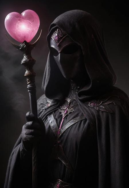 AtomicHeartTwinsCosplay in absolute darkness, profoundly no light, holding black-pink heart shaped orbstaff, 
pointed hat, translucent skin, Describe the captivating scene captured in the vintage photograph featuring a Bedouin artist skillfully swallowing a massive sword in the style of Final Fantasy, amidst a mesmerized audience. Provide details about the artist's attire, the sword's intricate design, and the expressions of the onlookers as they witness this extraordinary performance., amazing quality, masterpiece, best quality, hyper detailed, ultra detailed, UHD, perfect anatomy, portrait, dof, hyper-realism, majestic, awesome, inspiring, closeup, an weathered outworn old Fantasy cape, smooth, Closeup, by Dring, rust paint peelz, atmospheric haze, cinamatic composition, soft shadows, national geographic style