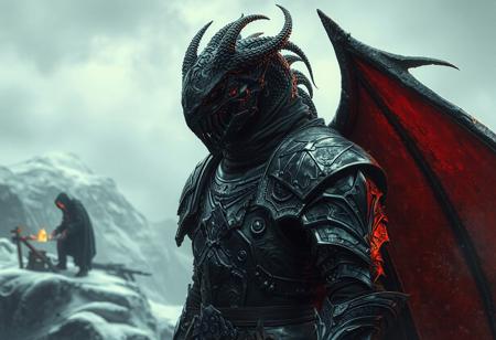 "Create a highly detailed, lifelike digital painting of a Headless Knight on a Freezing Point, with infinity blade armor and Black Rose Dragon features, inspired by DND and concept art from artists like Artgerm, Greg Rutkowski, and Alphonse Mucha. Incorporate anatomic details, a black shirt underneath the armor, and a blacksmith in the background. The style should resemble a smooth and sharp illustration, rendered with Octane or Unreal Engine, and showcasing a grainy, muted color palette, aiming for the golden ratio in composition. Desired output is HD, suitable for Artstation and a cinematic reveal, with a space camera footage feel."
