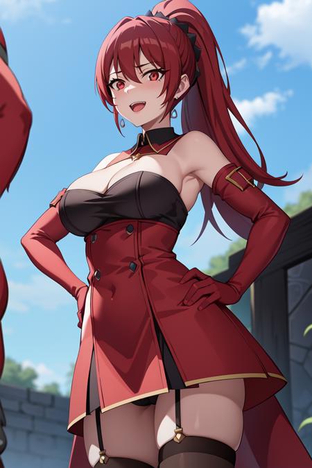 1girl, bangs, bare_shoulders, blue_sky, blush, breasts, cleavage, cloud, cloudy_sky, day, earrings, eyebrows_visible_through_hair, garter_straps, gloves, hand_on_hip, jewelry, large_breasts, long_hair, looking_at_viewer, open_mouth, outdoors, ponytail, red_eyes, red_gloves, red_hair, skirt, sky, solo, thighhighs
maya Ikusaba <lora:Maya IkusabaV3:0.7> ((best quality)), ((masterpiece)), (detailed), smile, (evil:1.2)
(interview:1.3), (dark background, fire:1.3)