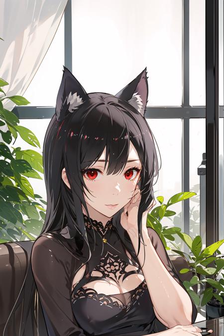 (masterpiece), (best quality), (intricate_details:1.1), (finely detailed:1.4), (distinct_image:1.2), (cafe background), 1girl, cute, (face focus), shiny red eyes/black hair, cat ears, vine, smooth lighting, shirt,