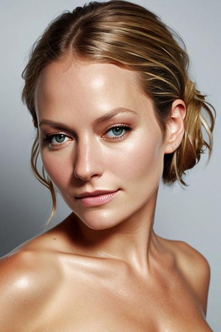 (CR-B3ckiNewton-summer4love263:0.9), full color photo of woman, grey background, (slick hair:1), (oiled shiny skin:1.0), (tilted angle shot:1.2)