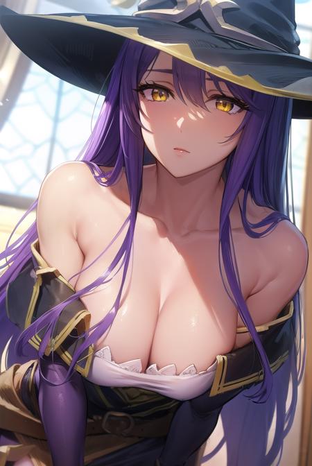 witch, <lyco:witch-lyco-nochekaiser:1>,
witch, long hair, purple hair, (yellow eyes:1.5),
BREAK thighhighs, gloves, hat, dress, cleavage, bare shoulders, elbow gloves, witch hat, (pelvic curtain:1.2), purple thighhighs,
BREAK indoors,
BREAK looking at viewer, (cowboy shot:1.5),
BREAK <lyco:GoodHands-beta2:1>, (masterpiece:1.2), best quality, high resolution, unity 8k wallpaper, (illustration:0.8), (beautiful detailed eyes:1.6), extremely detailed face, perfect lighting, extremely detailed CG, (perfect hands, perfect anatomy),