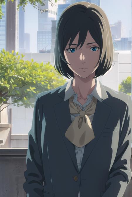 yukariyukino, <lora:yukari yukino movie-lora-nochekaiser:1>,
yukari yukino, short hair, black hair, blue eyes, hair between eyes, smile
BREAK shirt, collared shirt, white shirt, ascot, blazer, peach blazer, skirt, pencil skirt,
BREAK indoors, classroom,
BREAK looking at viewer, (cowboy shot:1.5),
BREAK <lyco:GoodHands-beta2:1>, (masterpiece:1.2), best quality, high resolution, unity 8k wallpaper, (illustration:0.8), (beautiful detailed eyes:1.6), extremely detailed face, perfect lighting, extremely detailed CG, (perfect hands, perfect anatomy),