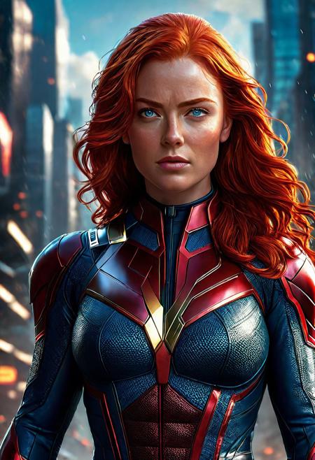 Ultra detailed digital art masterpiece, Hyperdetailed, hyperrealism, extremely high resolution of Beautiful Jean Grey, Greg Rutkowski, Intricately Designed Handsome face, Realistic blue eyes, wavy long red hair, Marvel, Intricately Designed X-Men costume, 8K, deep color, Cinematic Lighting, intricate smooth, sharp focus digital painting, Artgerm, WLOP, Greg Rutkowski, Beautiful Sadie Sink as Jean Grey, wavy red hair, handsome freckled face, Marvel comics, Realistic combat dirty clothing, perfect whole athletic body, defiant and seductive, Photograph Taken on Nikon D750, Intricate Elegant, Digital Illustration, Scenic, Unreal Engine, CryEngine, Octane Render, 8k, standing in the runes of a metropolis, Designed combat clothes, Attractive, Attractive woman, dramatic lighting, wet and sweaty skin, beautiful firm Breasts, Daylight, Concept art by Greg Rutkowski, adding to the intense and dynamic atmosphere of the scene