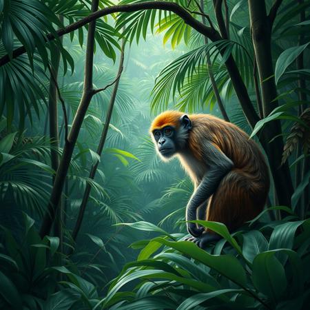 A photorealistic image of a jungle with a monkey similar to the one from Bali