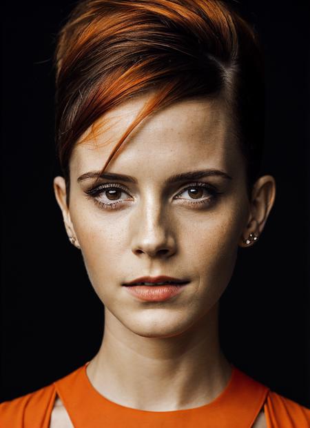 portrait of sks woman by Flora Borsi, style by Flora Borsi, bold, bright colours, orange Mohawk haircut, ((Flora Borsi)), <lora:locon_emmawatson_v1_from_v1_64_32:1>