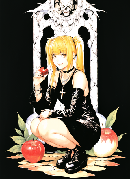 obata takeshi, masterpiece, best quality, 1girl, amane misa, apple, black choker, black dress, black footwear, blonde hair, choker, cross, cross necklace, death note, detached sleeves, dress, food, fruit, full body, highres, jewelry, long hair, necklace, skull, smile, solo, squatting, twintails
 <lora:obata_takeshi_offset:1>