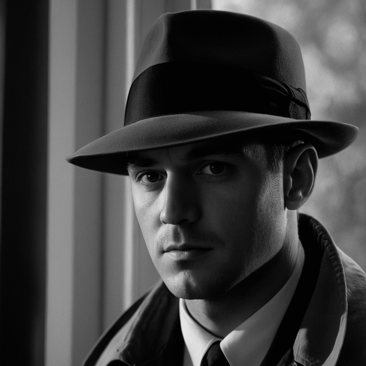 cinematic film still of classic film noir style <lora:Classic Film Noir style:1> 
a man in a hat and trench coat holding a...