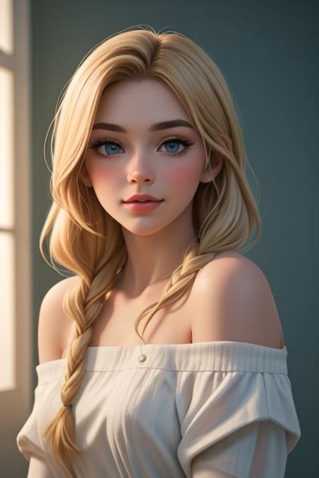 highest quality,woman,18yo,backlighting,spring background,blush,slightly-smiling, seductiv,,hair over shoulder,long hair,(perfect clean blue eyes),(looking through shoulder),pointy-nose,perfect-glossy-lips,solo,thick eyebrows,thick eyelashes,upper body,(blonde hair with white stripes),braids,tattoos on arms,sun rays,warm light,cozy,((masterpiece)), 8k