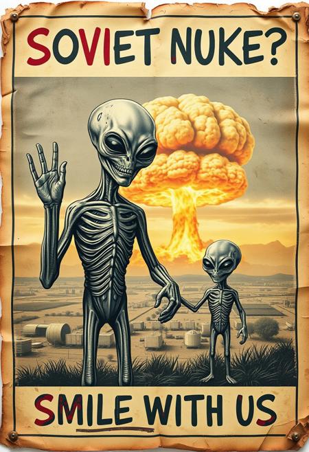 “A decayed, vintage-style poster from 2024, weathered and torn, depicting a surreal and apocalyptic scene. The faded image shows a pair of aliens—one an imposing, tall figure (the father), and the other a smaller, childlike alien (the son). The father holds the son’s hand with one hand, while making an exaggerated ‘OK’ sign with his other hand, both with unsettling, alien features. The father’s wide, mad smile radiates an eerie, otherworldly charm. In the far background, a massive nuclear mushroom cloud dominates the sky, with fiery orange fireballs at its base and visible blast waves rippling through the landscape. The poster’s bold text, ‘SOVIET NUKE?’ across the upper section and ‘SMILE WITH US’ in the lower section, is faded, smeared, and inked with scribbles and stains. The paper appears rotten, with tears, creases, and discolored edges, adding to the haunting, apocalyptic atmosphere of the piece.”