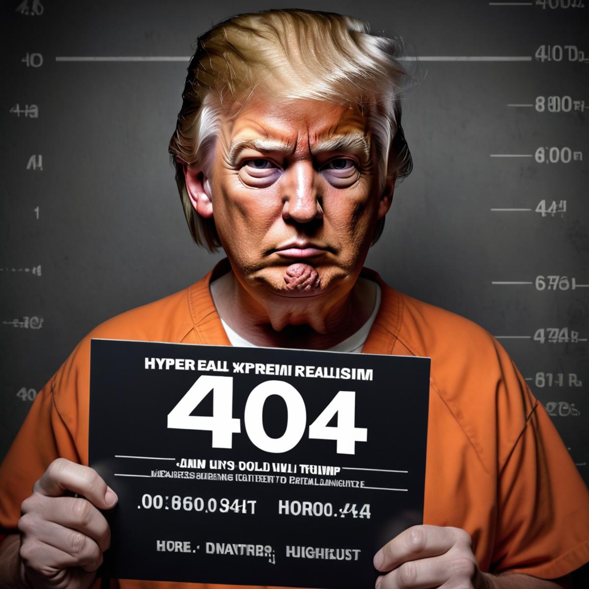 A mug shot of Donald Trump with a "404" error message.