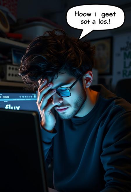 Photorealistic, a tech nerd with messy curly hair is rubbing his face, his screen reading 'flux generate'. His room is dark and cluttered. A speech bubble above his head reads, "how do i get a lot of buzz!!"